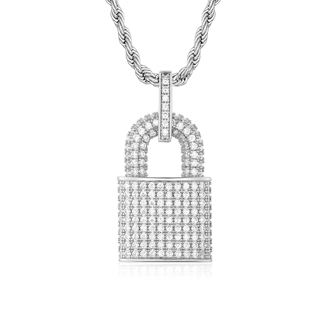 Iced Padlock Pendant | White Gold
