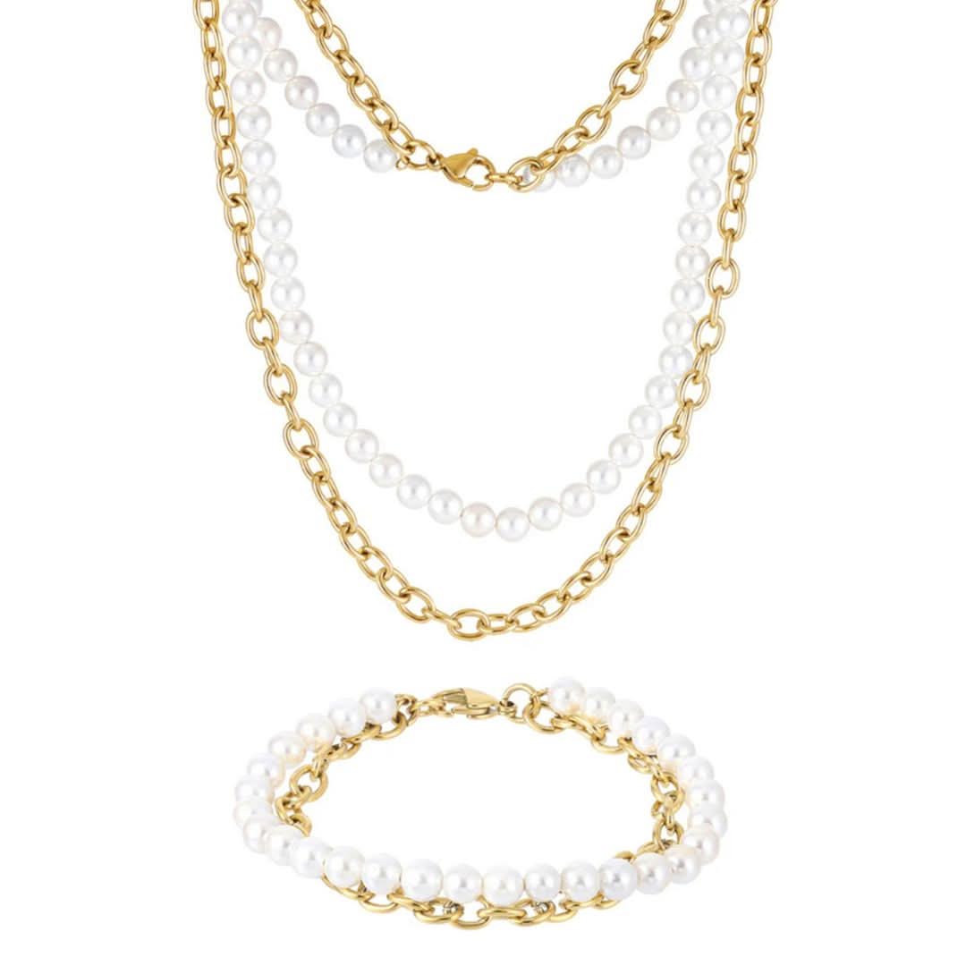 Pearl x Oval Link Set | Gold