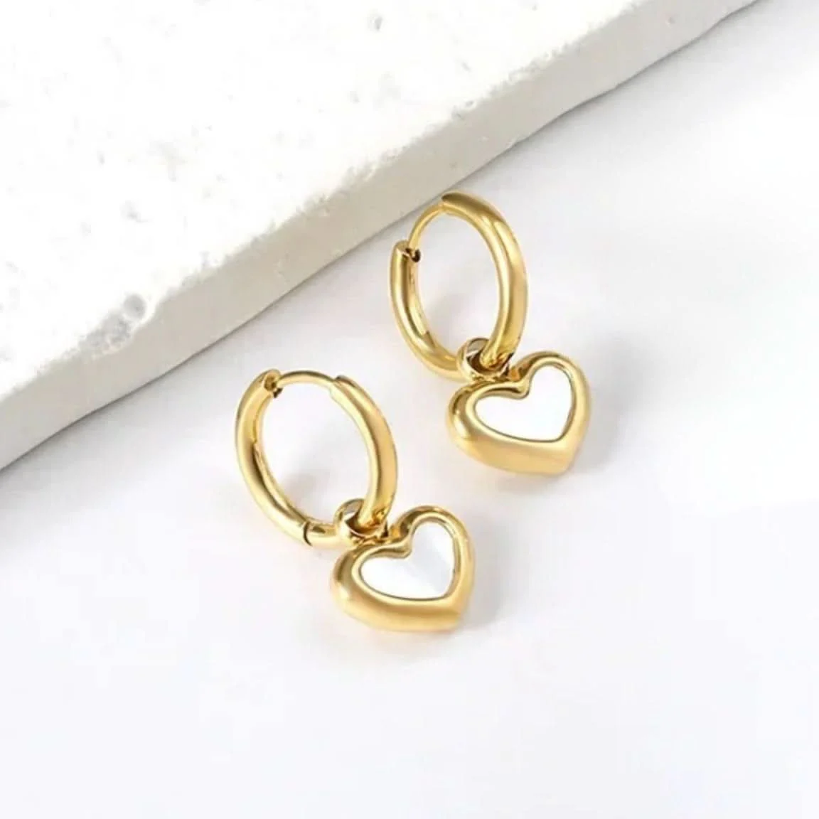 White Shell Heart Huggie Earrings Gold