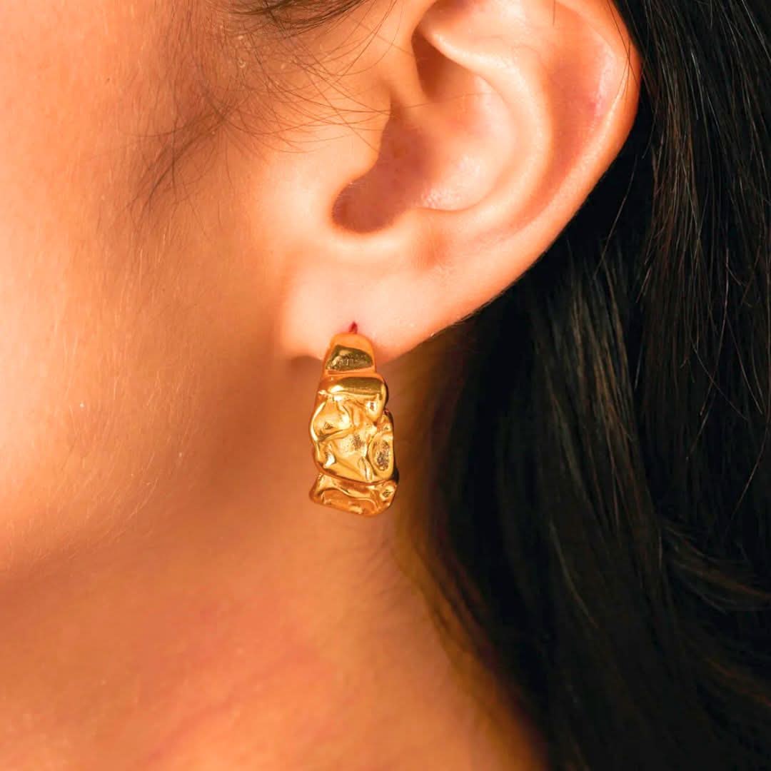 Irregular Hammered Hoop Earrings Gold - Image 2