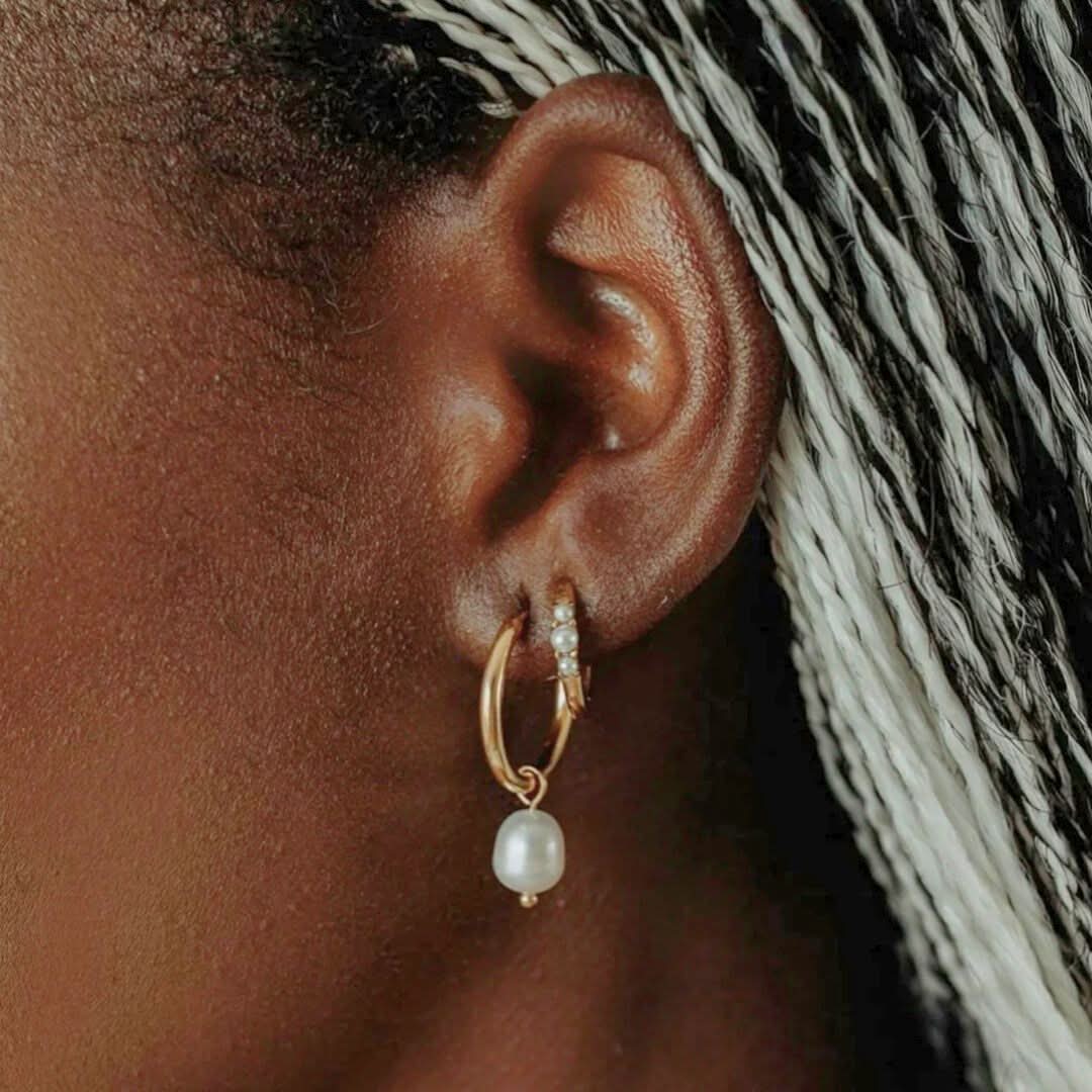 Pearl Hoop Earrings Gold - Image 3
