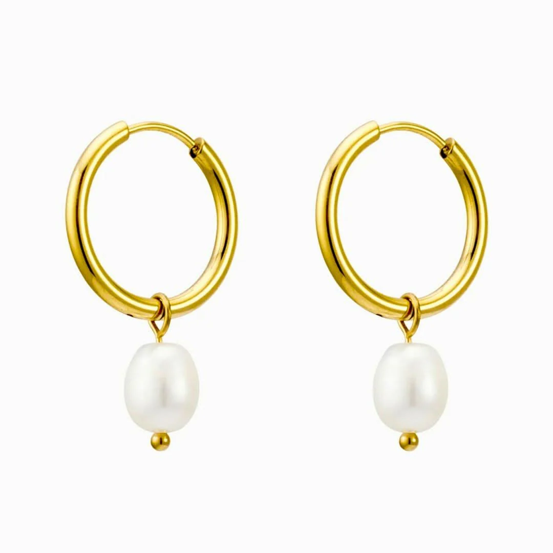 Pearl Hoop Earrings Gold - Image 4