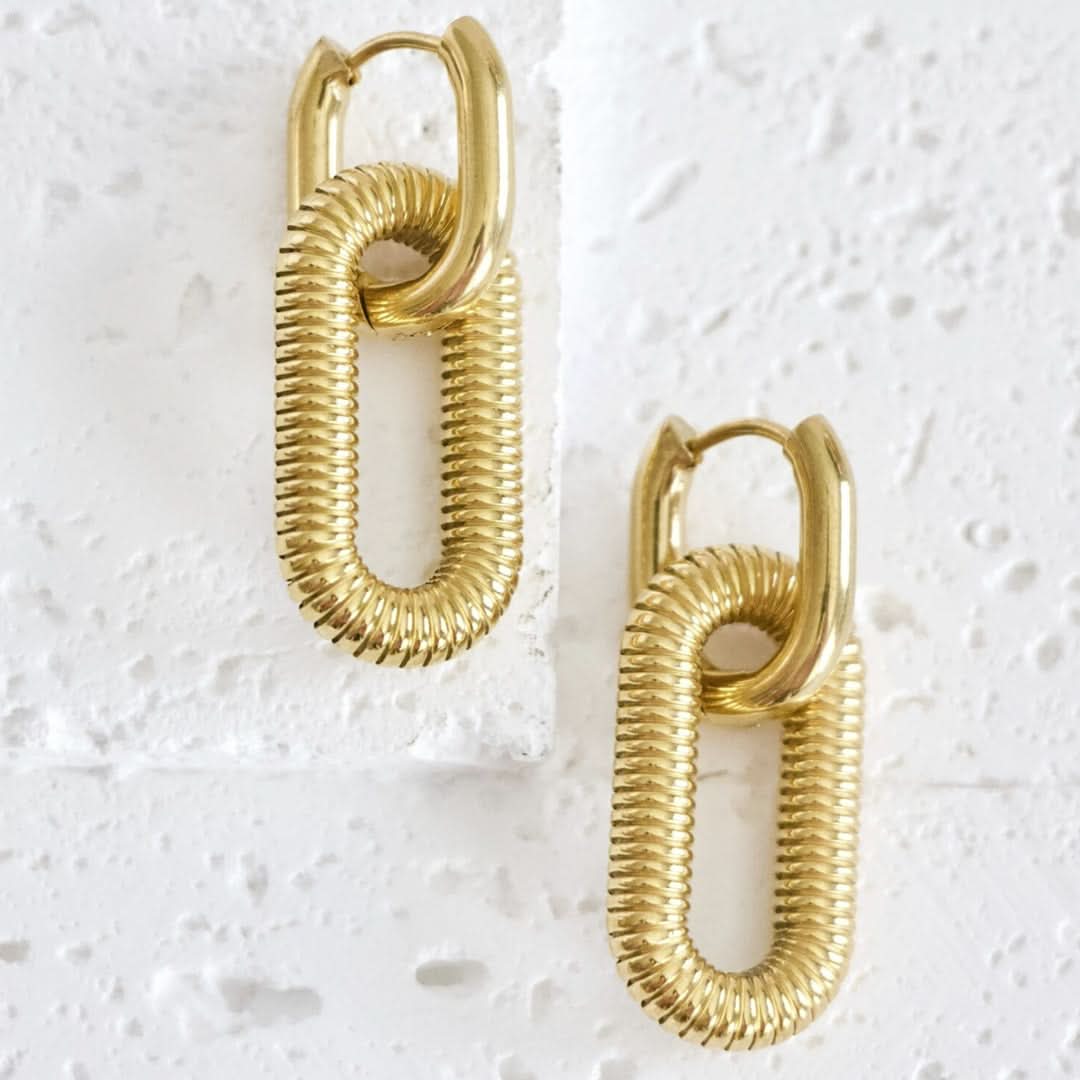 Ribbed Double Hoop Earrings Gold - Image 5