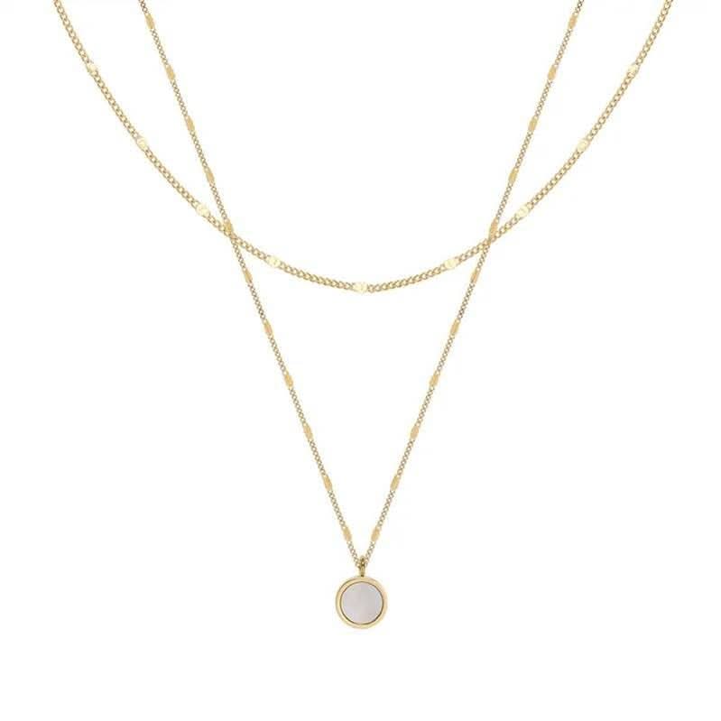 Round White Shell Layered Necklace Gold - Image 4