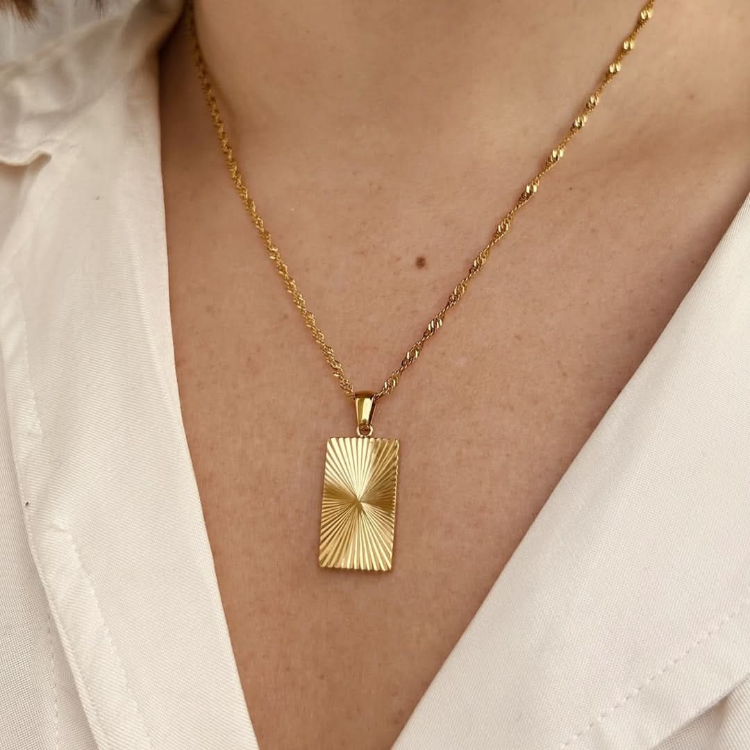 Sunburst Rectangle Pendant Necklace Gold